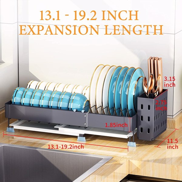 Draining rack for kitchen counter, extendable (13.4“ to 19.3”), draining rack for kitchen counter with drying board, draining rack for cups, cutlery & chopping board, black